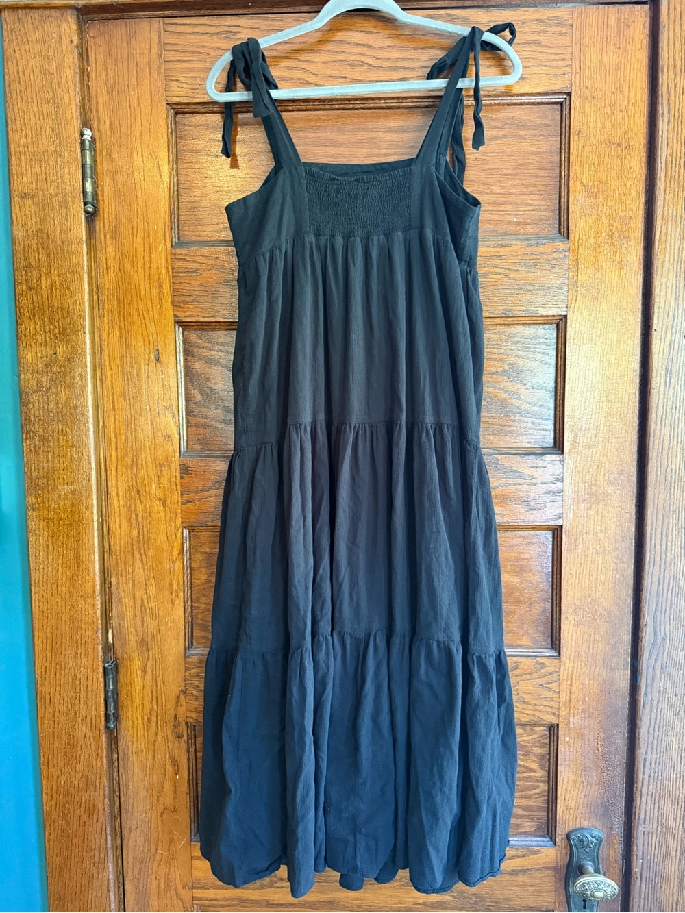 MADEWELL 100% Cotton Tie Strap Shoulder Tiered Midi Babydoll Dress Flowy Black S - Picture 4 of 8